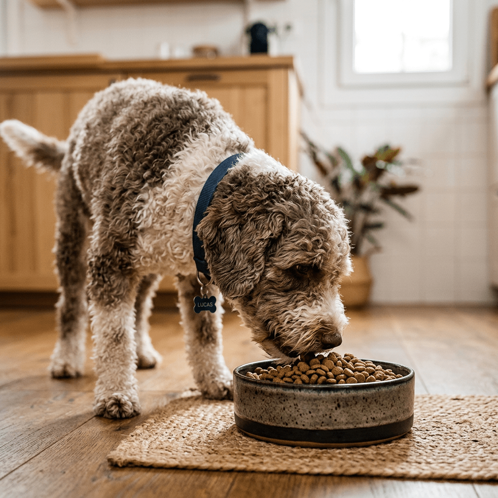 Curly-haired dog with blue collar eating dry dog food from a bowl in a kitchen
