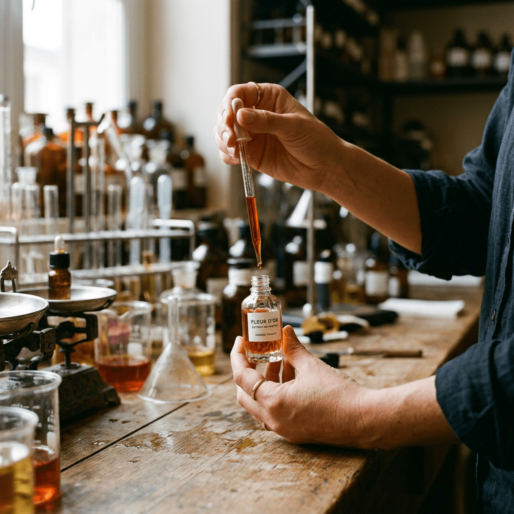 Person uses a dropper to fill a bottle labeled FLEUR D'OR